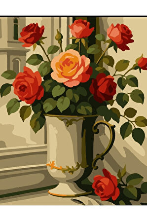 Sayılarla Boyama Seti 40x50 Cm (Çıtalı) Fırça Boya Dahil Numaralı Tuval Kurplu Saksı Kırmızı Gül