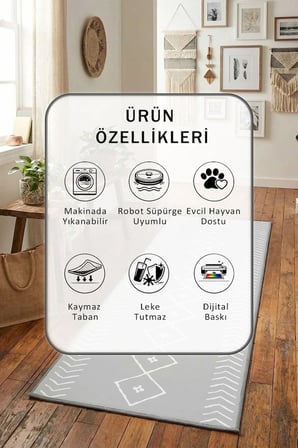 İskandinav Açik Gri Beyaz Dijital Baskılı Kaymaz Yıkanabilir Yolluk - Leke Tutmaz