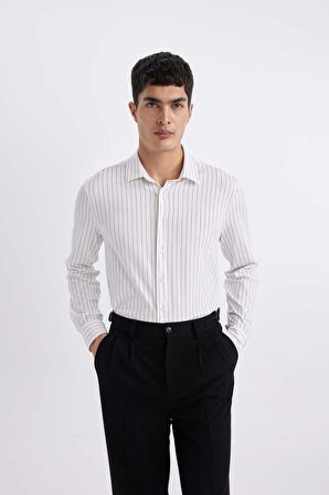 DeFacto Slim Fit Dar Kesim Polo Yaka Çizgili Uzun Kollu Gömlek B6487AX24SPWT34