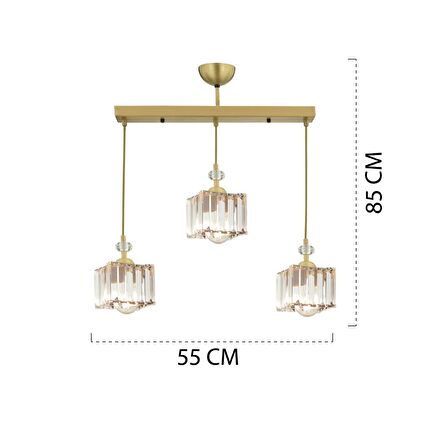 Brandy Eskitme 3 Lü Sıralı Sarkıt Kristalli Taşlı Modern Tasarım Kristal Salon Avize