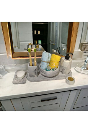 Marble Serisi 6'lı Banyo Seti, Sıvı Sabunluk Diş Fırçalığı Beton Aksesuar Takımı