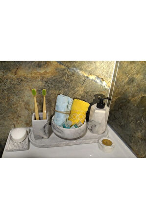 Marble Serisi 6'lı Banyo Seti, Sıvı Sabunluk Diş Fırçalığı Beton Aksesuar Takımı