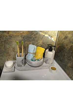 Marble Serisi 6'lı Banyo Seti, Sıvı Sabunluk Diş Fırçalığı Beton Aksesuar Takımı