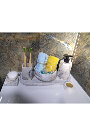 Marble Serisi 6'lı Banyo Seti, Sıvı Sabunluk Diş Fırçalığı Beton Aksesuar Takımı