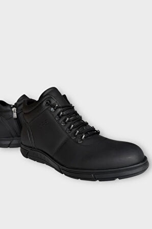 Hakiki Deri Kaydırmaz Kauçuk Taban Fermuarlı Erkek Bot SİYAH - FÜME