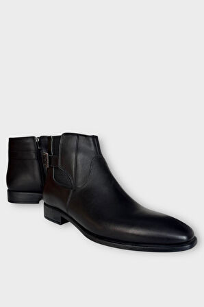 Hakiki Deri Kaydırmaz Kauçuk Taban Fermuarlı Sivri Burun Klasik Erkek Bot SİYAH