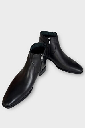 Hakiki Deri Kaydırmaz Kauçuk Taban Fermuarlı Sivri Burun Klasik Erkek Bot SİYAH