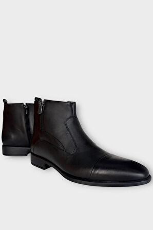 Hakiki Deri Kaydırmaz Kauçuk Taban Fermuarlı Sivri Burun Klasik Erkek Bot SİYAH - FÜME