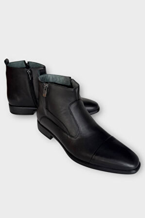 Hakiki Deri Kaydırmaz Kauçuk Taban Fermuarlı Sivri Burun Klasik Erkek Bot SİYAH - FÜME