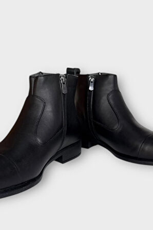 Hakiki Deri Kaydırmaz Kauçuk Taban Fermuarlı Sivri Burun Klasik Erkek Bot SİYAH - FÜME