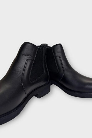 Hakiki Deri Yanı Lastikli Kaydırmaz Kauçuk Taban Erkek Bot SİYAH - SİYAH