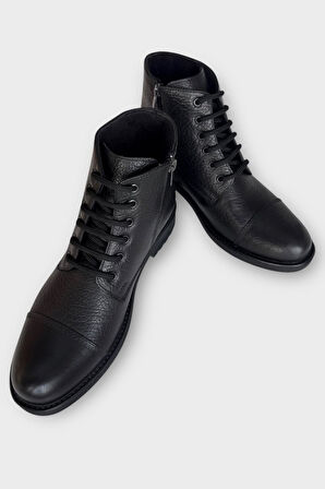 Hakiki Deri Kaydırmaz Kauçuk Taban Fermuarlı Erkek Bot SİYAH