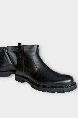 Hakiki Deri Kaydırmaz Kauçuk Taban Fermuarlı Erkek Bot SİYAH - SİYAH