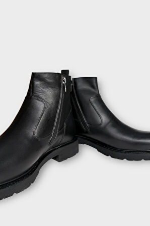 Hakiki Deri Kaydırmaz Kauçuk Taban Fermuarlı Erkek Bot SİYAH - SİYAH