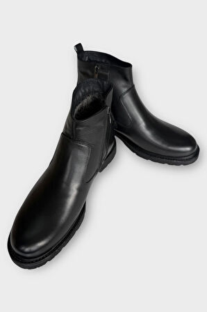 Hakiki Deri Kaydırmaz Kauçuk Taban Fermuarlı Erkek Bot SİYAH - SİYAH