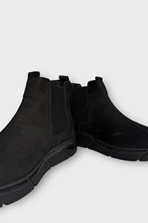 Hakiki Deri Yanı Lastikli Kaydırmaz Kauçuk Taban Erkek Bot SİYAH