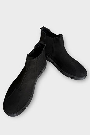 Hakiki Deri Yanı Lastikli Kaydırmaz Kauçuk Taban Erkek Bot SİYAH