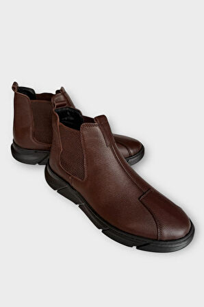 Hakiki Deri Yanı Lastikli Kaydırmaz Kauçuk Taban Erkek Bot KAHVERENGİ