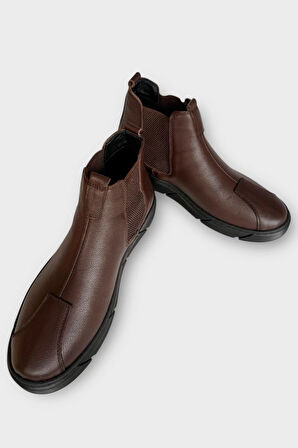 Hakiki Deri Yanı Lastikli Kaydırmaz Kauçuk Taban Erkek Bot KAHVERENGİ