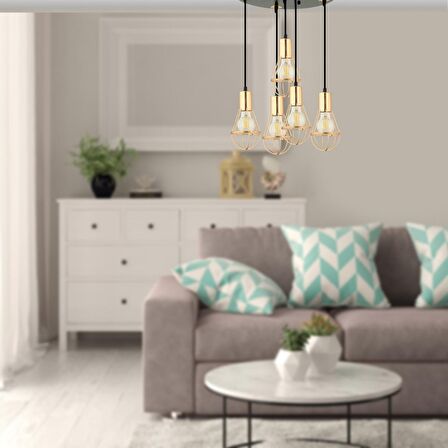 Ciri 5 Li Yuvarlak Gold Kaplama Tel Sarkıt Modern Genç Odası Mutfak Oturma Odası Salon Sarkıt Avize 
