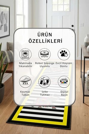 Fil Sarı Dışı Siyah Yıkanabilir Yolluk Halı Kaymaz Taban Salon Mutfak