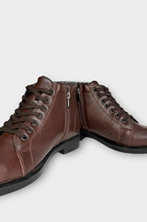 Erkek Hakiki Deri İçi Kürklü Kaydırmaz Kauçuk Taban Fermuarlı Bot KAHVERENGİ