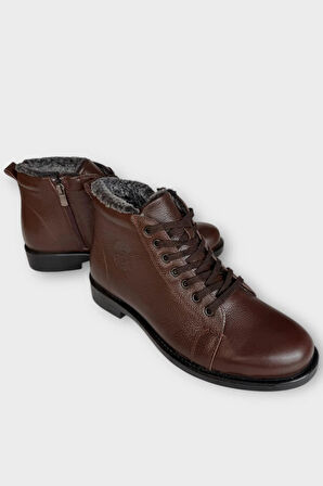 Erkek Hakiki Deri İçi Kürklü Kaydırmaz Kauçuk Taban Fermuarlı Bot KAHVERENGİ