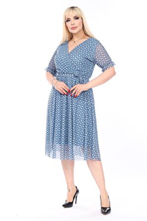 Kruvaze Yaka Büyük Beden Yazlık Elbise 33D-2502