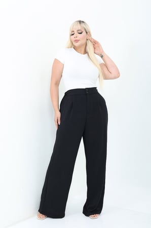 Kadın Siyah Yüksek Bel Bol Paça Salaş Kumaş Pantolon 33D-2812