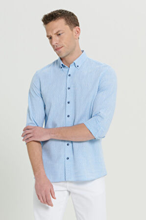 Erkek Açık Mavi Slim Fit Dar Kesim %100 Pamuk Armürlü Düğmeli Yaka Casual Gömlek