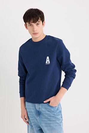 Lacivert New Regular Fit Bisiklet Yaka Baskılı Kalın Kumaş Sweatshirt