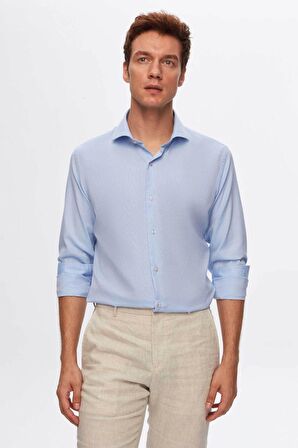 Slim Fit Mavi Italyan Yaka Armürlü Uzun Kollu Kolay Ütülenebilir Nefes Alan Dört Mevsim Göm 2HF02ORT3185