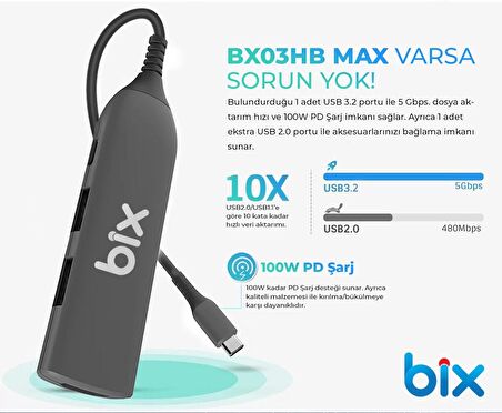Bix BX03HB MAX Type-C to 4K HDMI Ethernet USB PD Dönüştürücü Adaptör