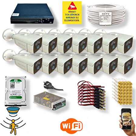 14 Kamerali Set - Hareket Algilayan Gece Görüşlü 24 Smd Led 5mp Sony Lensli 1080p Full Hd Metal Kasa Güvenlik Kamerasi Seti 6224