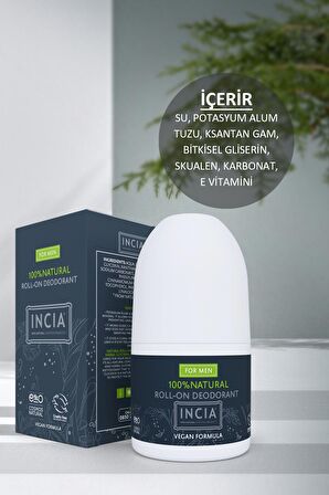 INCIA %100 Doğal Roll On Deodorant Erkekler İçin Ter Kokusu Önleyici Leke Yapmayan 50 ml