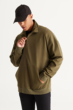 Erkek Haki Oversize Bol Kesim Içi Polarlı Iplik Bato Yaka Pamuklu Sweatshirt