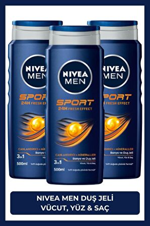 Nivea MEN Erkek Banyo ve Duş Jeli Sports 500ml, Yenileyici Erkek Bakım, Canlandırıcı, Vücut Yüz Saç,X3Adet