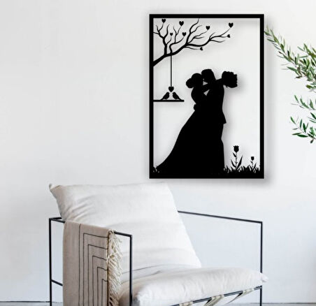 Siyah Ahşap Gelin Damat Evlilik 50cm X 70cm  Tablo Duvar Dekoru 3mm Mdf Lazer Kesim