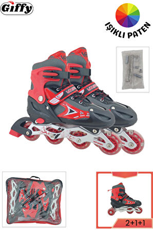 VR1 - Sport Metal Işıklı Ayarlanabilir Alıştırma Pateni 2+1+1 Uç Kısım Korumalı Slikon Teker