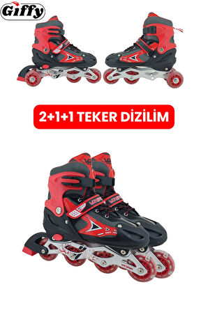 VR1 - Sport Metal Işıklı Ayarlanabilir Alıştırma Pateni 2+1+1 Uç Kısım Korumalı Slikon Teker