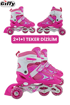 VR1 - Sport Metal Işıklı Ayarlanabilir Alıştırma Pateni 2+1+1 Uç Kısım Korumalı Slikon Teker