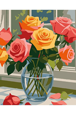 Sayılarla Boyama Seti 40x50 Cm (Çıtalı) Fırça Boya Dahil Numaralı Tuval Cam Vazo Renkli Gül