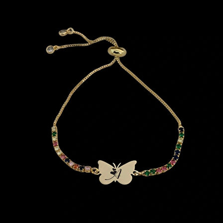 A Harfine Özel Zincirli Kelebek Motifli 14 Ayar Altın Plakalı Hediye Bileklik-340harf-renklitaş
