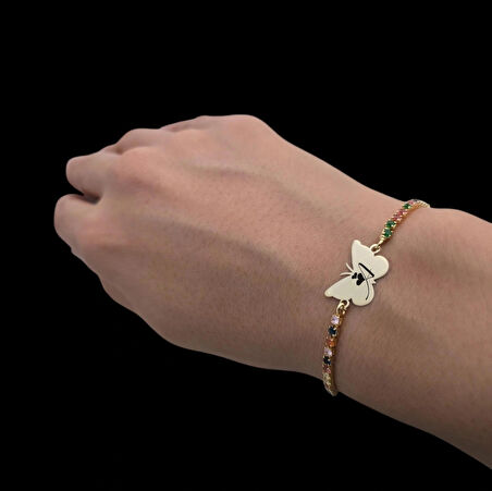 A Harfine Özel Zincirli Kelebek Motifli 14 Ayar Altın Plakalı Hediye Bileklik-340harf-renklitaş