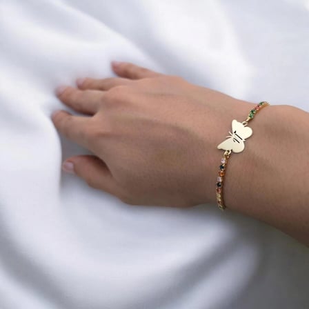 N Harfine Özel Kelebek Motifli 14 Ayar Altın Plakalı Zincirli Hediye Bileklik-340harf-renklitaş