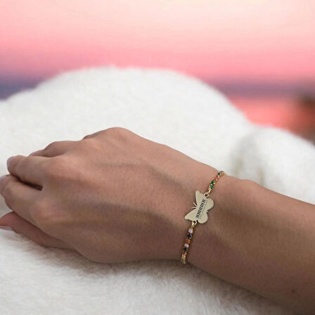 Piyano Temalı Kelebek Motifli 14 Ayar Altın Plakalı Zincirli Hediye Bileklik-340sembol-renklitaş