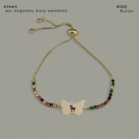 Koç Burçlarına Kelebek Motifli 14 Ayar Altın Plakalı Zincirli Hediye Bileklik-340burç-renklitaş