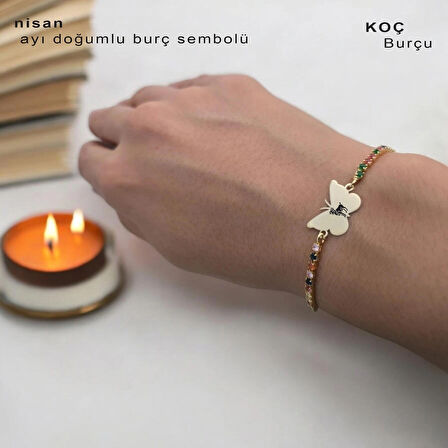 Koç Burçlarına Kelebek Motifli 14 Ayar Altın Plakalı Zincirli Hediye Bileklik-340burç-renklitaş