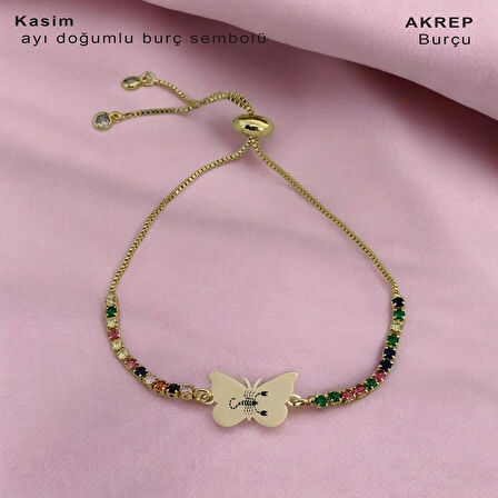Akrep Burçlarına 14 Ayar Altın Plakalı Zincirli Kelebek Motifli Hediye Bileklik-340burç-renklitaş
