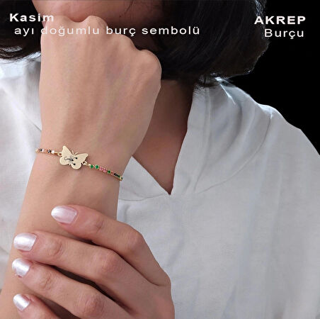 Akrep Burçlarına 14 Ayar Altın Plakalı Zincirli Kelebek Motifli Hediye Bileklik-340burç-renklitaş